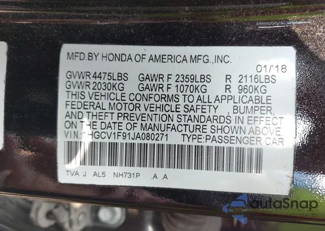 2018 Honda Accord Touring z USA, uszkodzony, nr VIN 1HGCV1F91JA080271